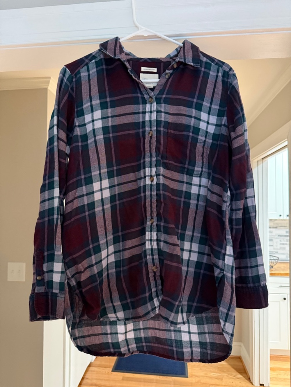 American Eagle Plaid Boyfriend Shirt in Burgundy and Dark Green